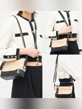 Authentic Chanel calfskin small Gabrielle hobo handbag in beige/black